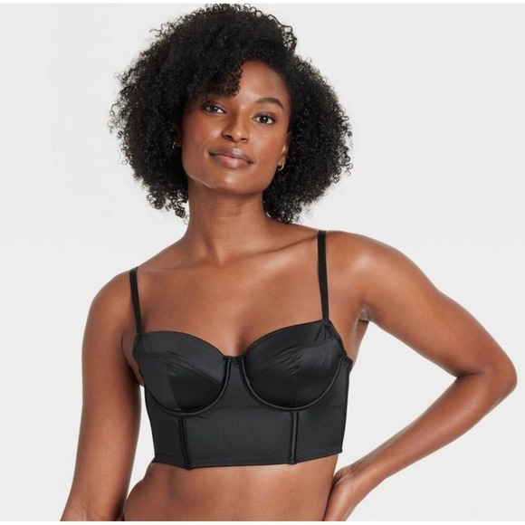 Auden Tops - Auden Black Satin Longline Corset Bustier Bra Top Underwire Medium NEW